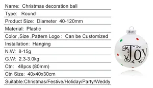 This product is a classic Christmas decoration ball, perfect for adding a touch of festive cheer to your home, office, or party. Made from durable plastic, this ball features a sleek, rounded design and comes in a variety of colors and sizes to suit your needs.