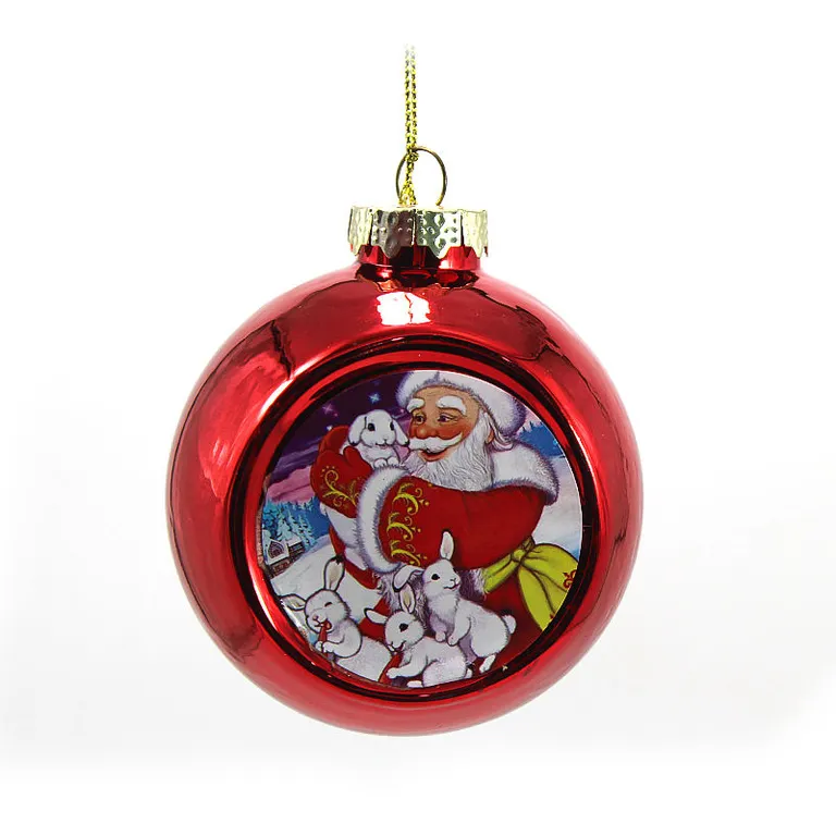 8cm red matte Christmas tree glass ball ornament featuring Santa Claus holding a bunny with other bunnies surrounding him, perfect for wholesale holiday decor
