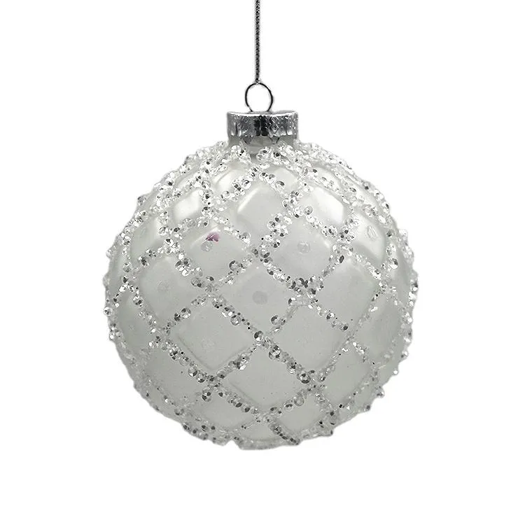 Wholesale white frosted glitter beaded Christmas tree glass ball ornaments for home wedding party decorations