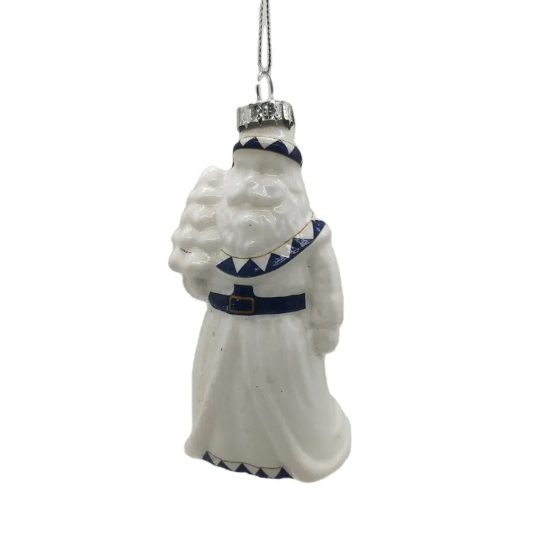 This white glass Santa Claus ornament is a perfect Christmas tree decoration. It features a classic design with blue details and is ideal for wholesale.